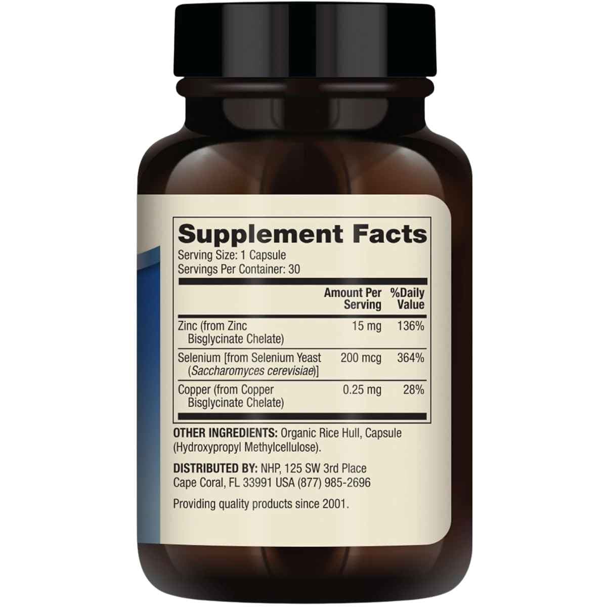 Tabla nutricional del suplemento Dr. Mercola Zinc Más Selenio 30 cápsulas