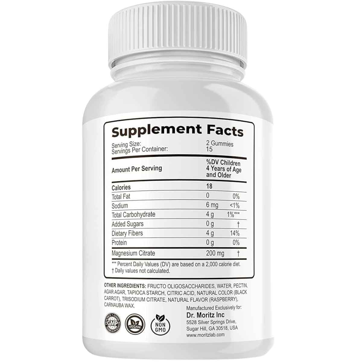 Tabla nutricional del suplemento Dr. Moritz Citrato de Magnesio en Gomitas Sabor Frambuesa 30 Gomitas