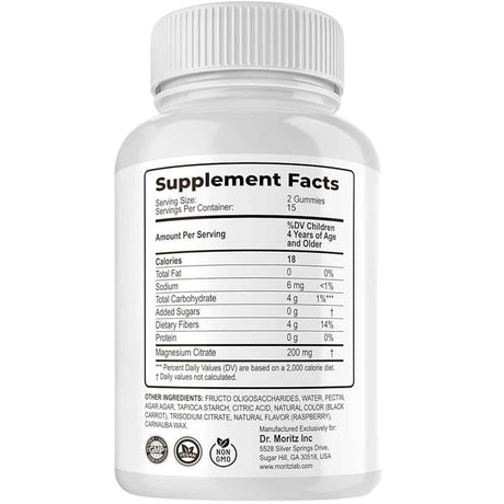 Tabla nutricional del suplemento Dr. Moritz Citrato de Magnesio en Gomitas Sabor Frambuesa 30 Gomitas