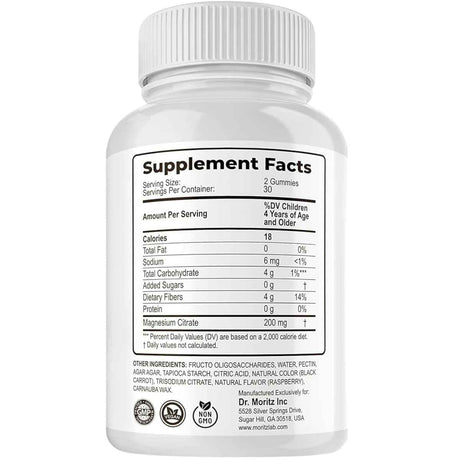 Tabla nutricional del suplemento Dr. Moritz Citrato de Magnesio en Gomitas Sabor Frambuesa 60 Gomitas