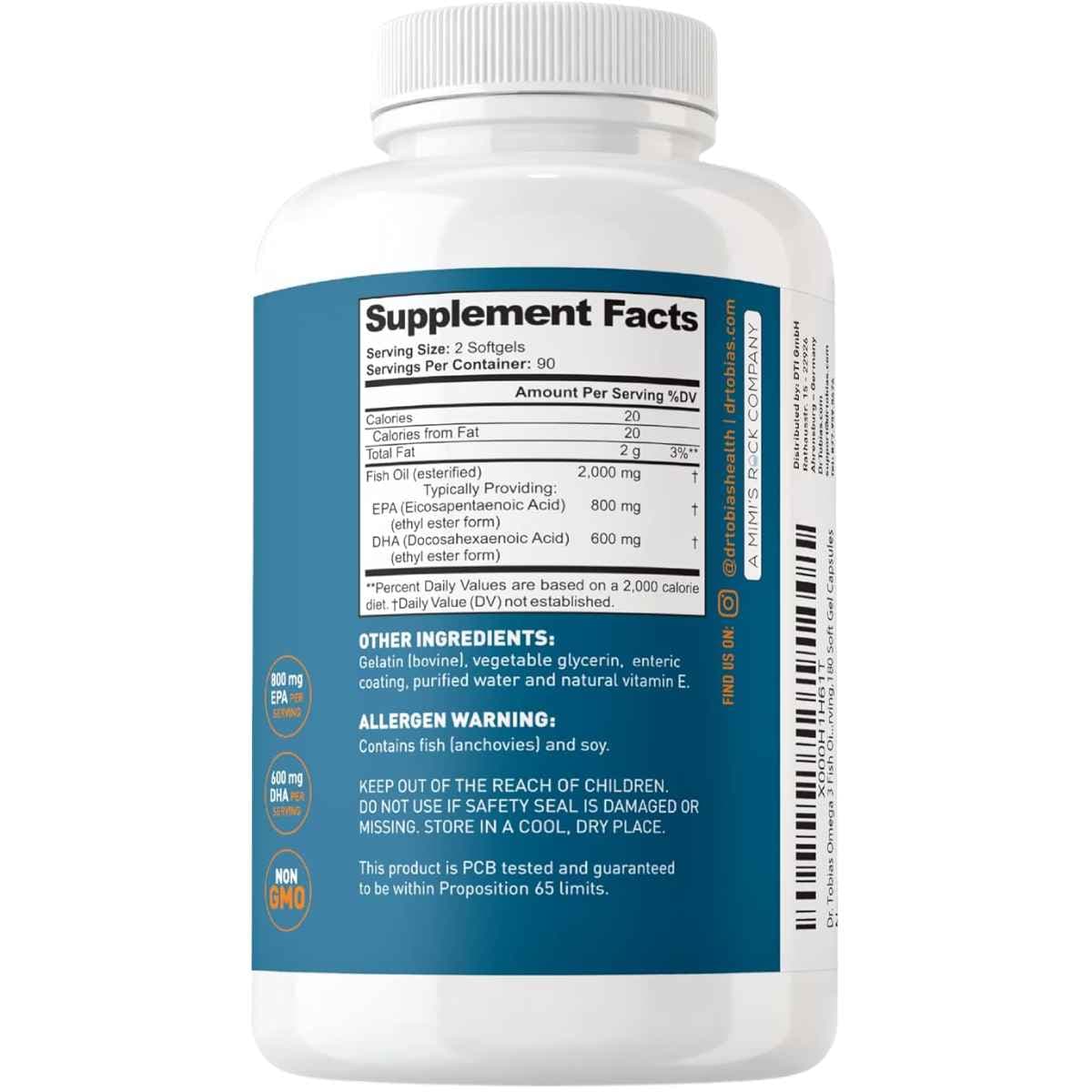 Frasco de suplemento Dr. Tobias Aceite de Pescado Omega 3 2000 mg 180 cápsulas blandas