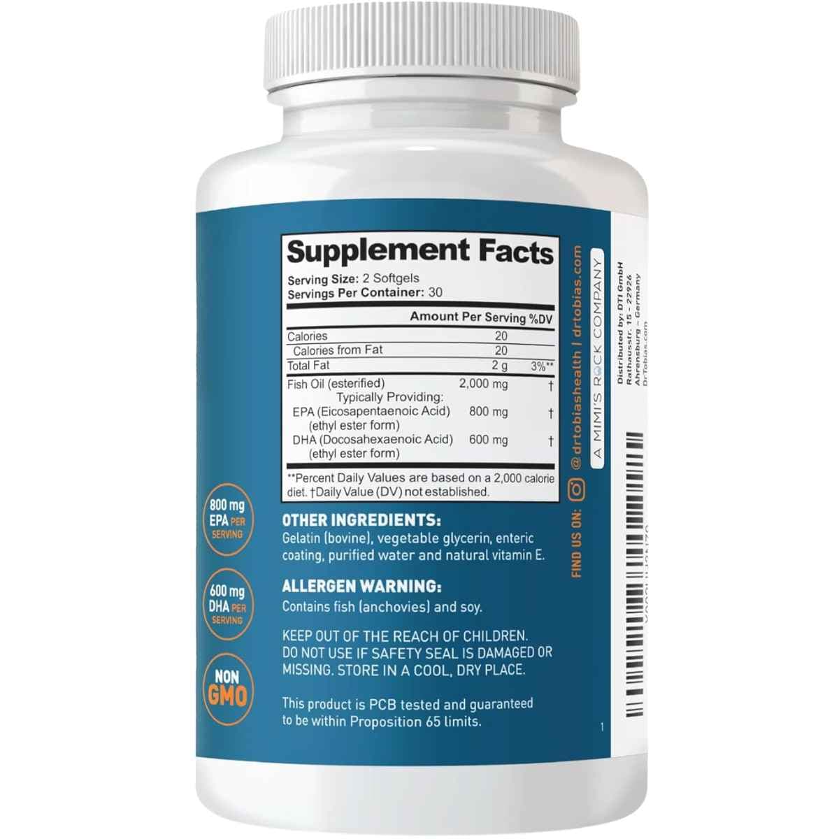 Tabla nutricional del suplemento Dr. Tobias Aceite de Pescado Omega 3 2000 mg 60 cápsulas blandas
