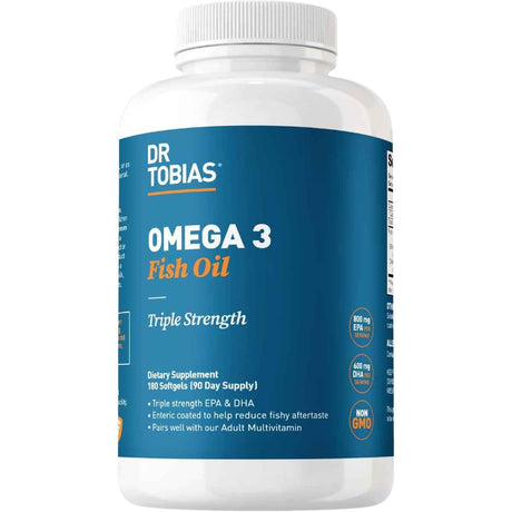 Etiqueta con información del suplemento Dr. Tobias Aceite de Pescado Omega 3 2000 mg 90 cápsulas blandas
