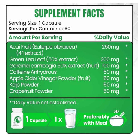 Etiqueta Supplement Facts de Dr Vitamin Solutions Brazilian Lean con ingredientes activos por cápsula
