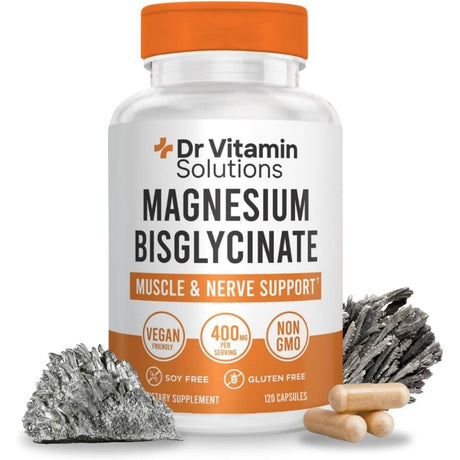 Frasco frontal de Dr Vitamin Solutions Magnesio bisglicinato, presentación de 120 cápsulas