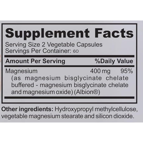 Panel de información del suplemento de Dr Vitamin Solutions Magnesio bisglicinato, con datos de porción e ingredientes, presentación de 120 cápsulas