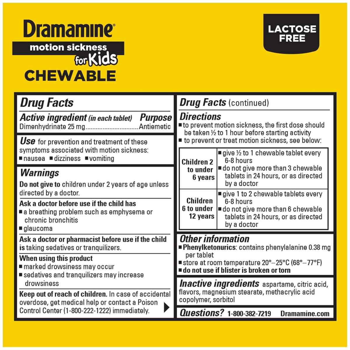 Panel de información del producto de Dramamine para niños con dimenhidrinato 25 mg