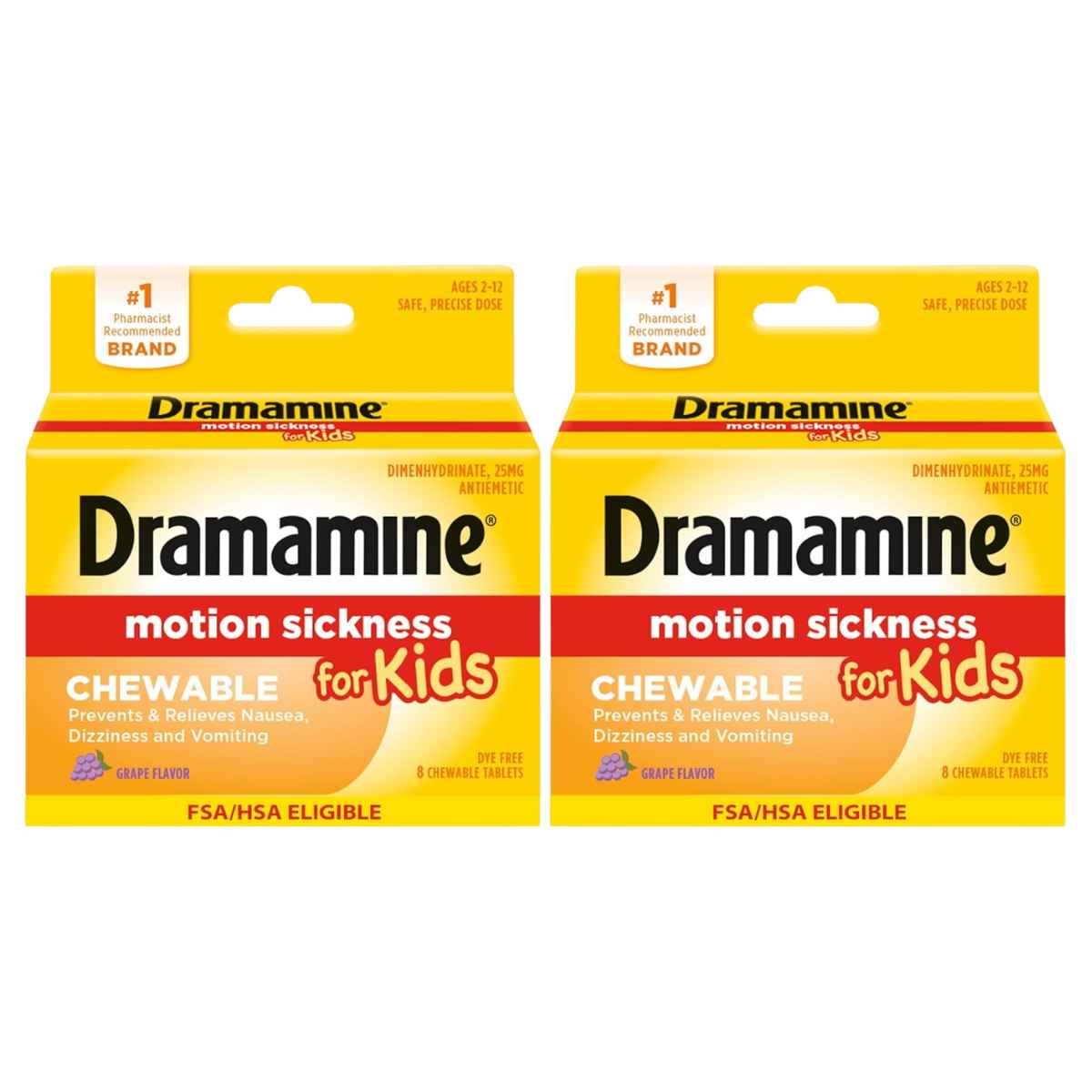 Paquete frontal de 2 cajas de Dramamine para niños con dimenhidrinato 25 mg sabor uva