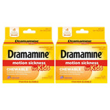 Paquete frontal de 2 cajas de Dramamine para niños con dimenhidrinato 25 mg sabor uva