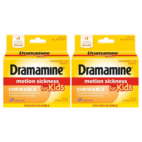 Paquete frontal de 2 cajas de Dramamine para niños con dimenhidrinato 25 mg sabor uva
