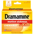 Caja frontal de Dramamine para niños con dimenhidrinato 25 mg sabor uva, 8 tabletas masticables