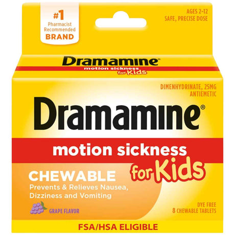 Caja frontal de Dramamine para niños con dimenhidrinato 25 mg sabor uva, 8 tabletas masticables