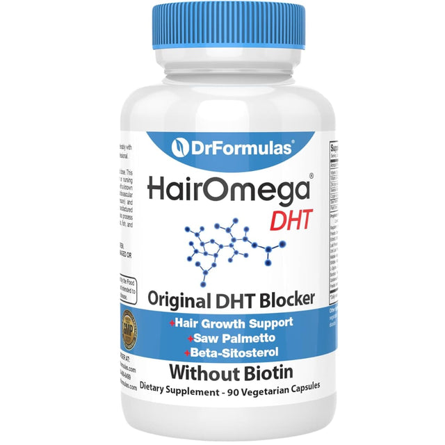 Frasco de suplemento DrFormulas Bloqueador de DHT HairOmega 90 cápsulas vegetales