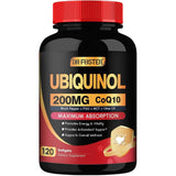 Frasco frontal de DRFOSTER ubiquinol CoQ10 de 200 mg con 120 cápsulas blandas