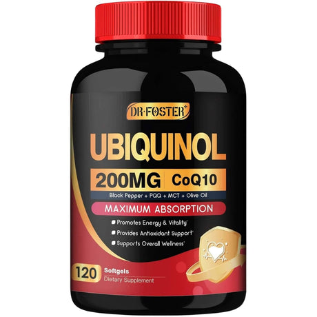 Frasco frontal de DRFOSTER ubiquinol CoQ10 de 200 mg con 120 cápsulas blandas