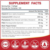 Información del suplemento de DRFOSTER ubiquinol CoQ10 con PQQ, vitamina E y cantidades por cápsula blanda