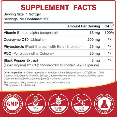 Información del suplemento de DRFOSTER ubiquinol CoQ10 con PQQ, vitamina E y cantidades por cápsula blanda