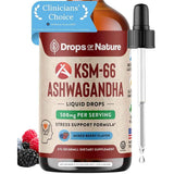 Frasco de Drops Of Nature KSM-66 Ashwagandha en gotas de 60 ml con gotero.