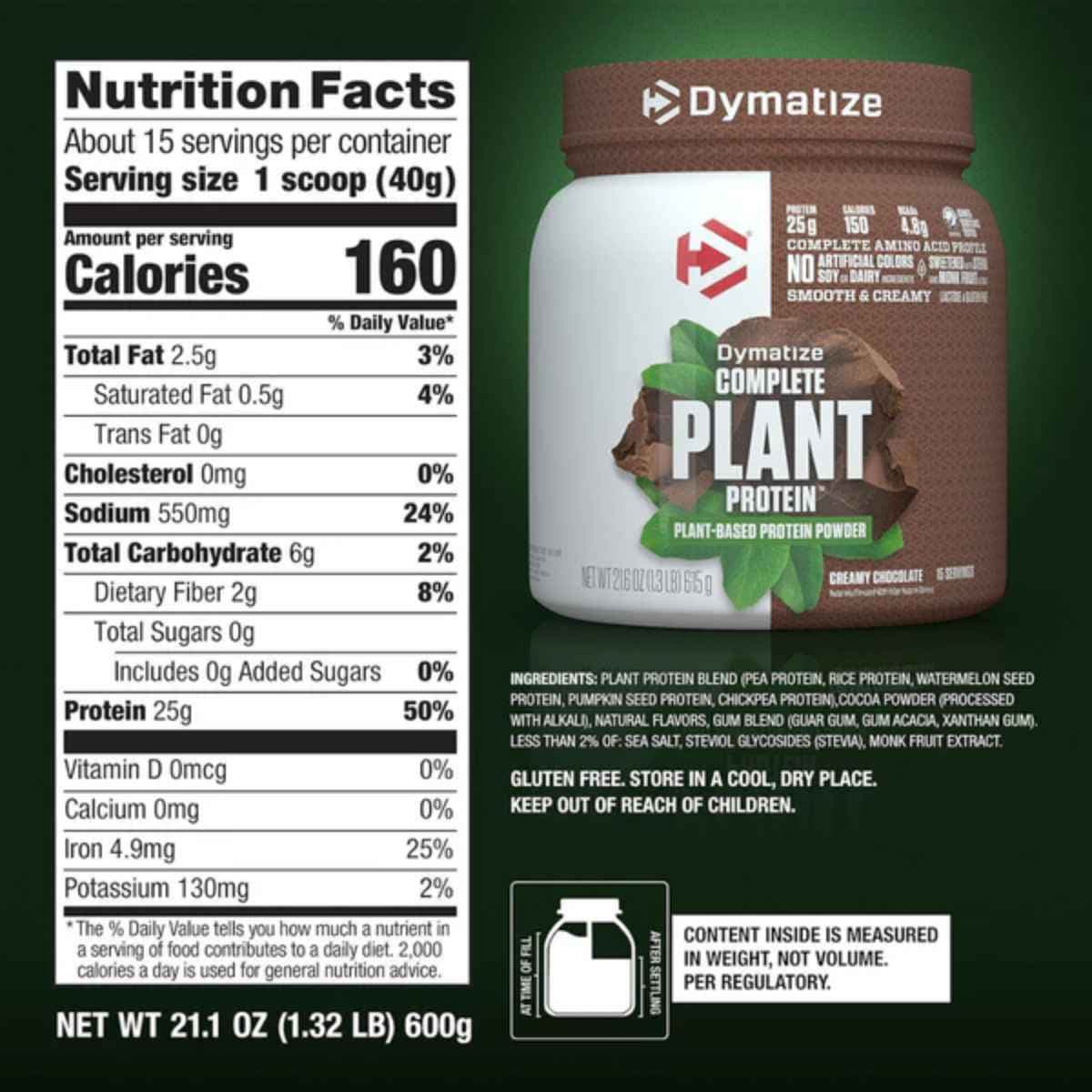 Tabla nutricional del suplemento Dymatize Proteína Vegetal Vegana Chocolate 25g Proteína