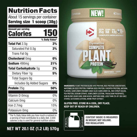 Tabla nutricional del suplemento Dymatize Proteína Vegetal Vegana Vainilla 25g Proteína