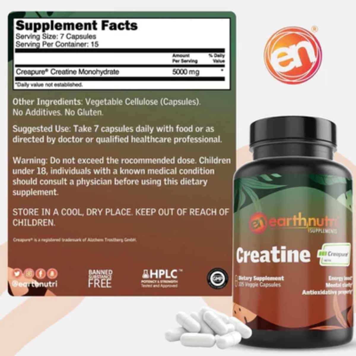 Tabla nutricional del suplemento Earthnutri Monohidrato de Creatina Creapure® 105 Cápsulas