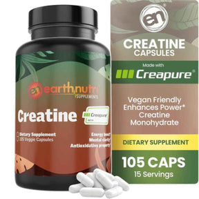 Frasco de suplemento Earthnutri Monohidrato de Creatina Creapure® 105 Cápsulas