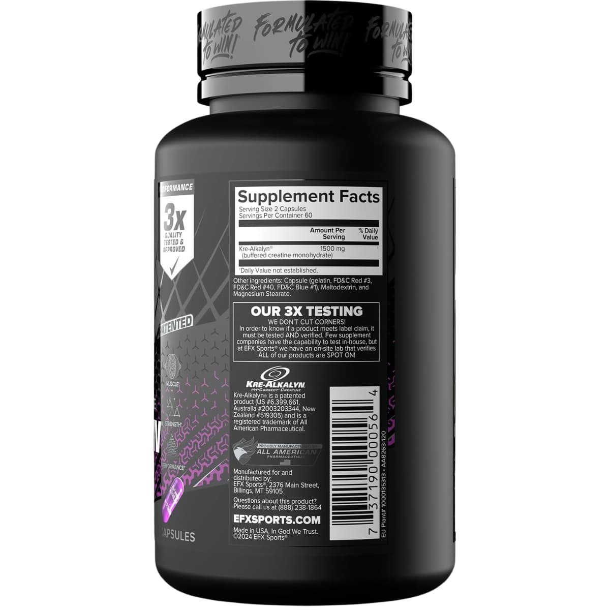 Información del suplemento de EFX Sports Kre-Alkalyn creatina, 120 cápsulas