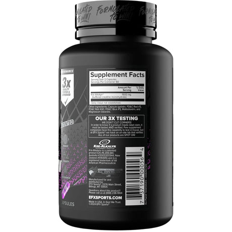 Información del suplemento de EFX Sports Kre-Alkalyn creatina, 120 cápsulas