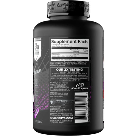 Información del suplemento de EFX Sports Kre-Alkalyn creatina, 240 cápsulas