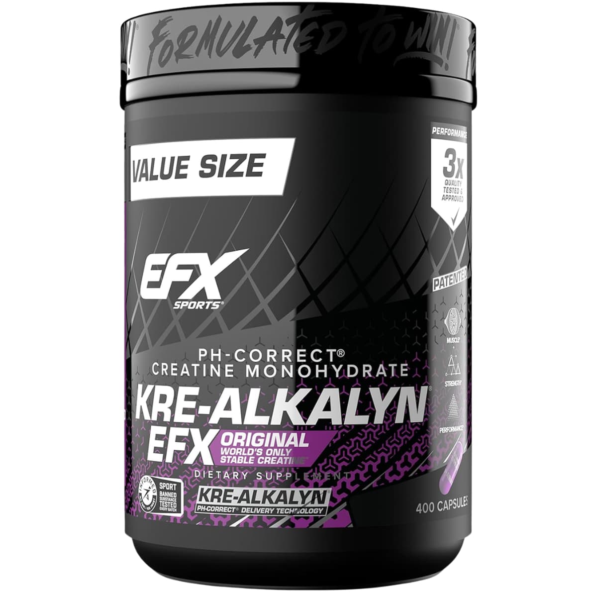 EFX Sports Kre-Alkalyn creatina monohidratada, frasco de 400 cápsulas