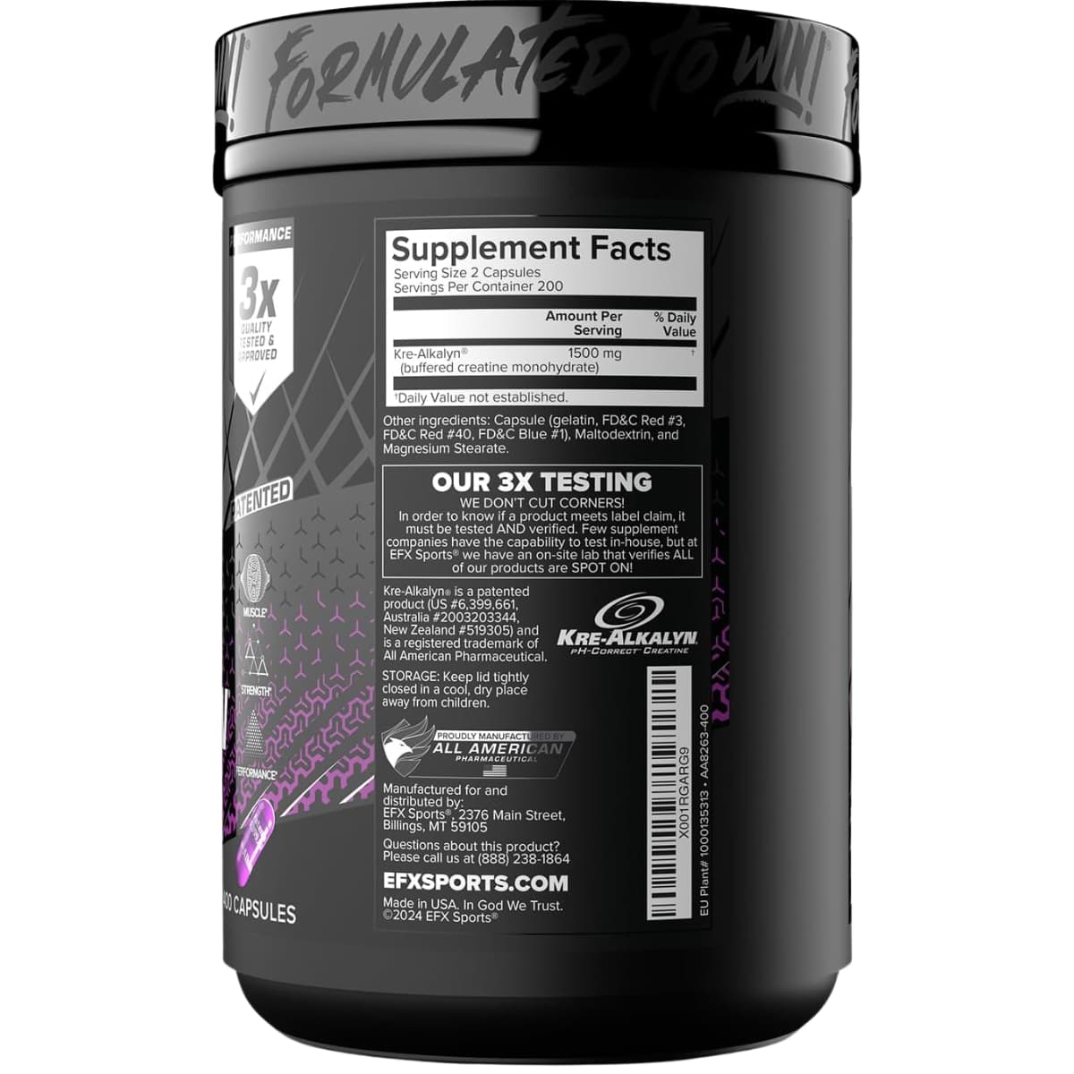 Información del suplemento de EFX Sports Kre-Alkalyn creatina, 400 cápsulas