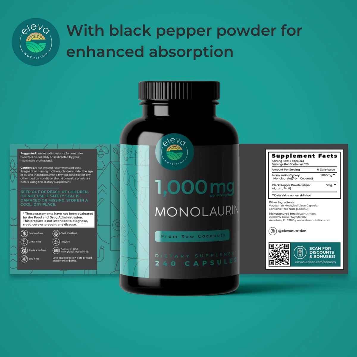Tabla nutricional del suplemento Eleva Nutrition Monolaurina 1000 mg 240 Cápsulas