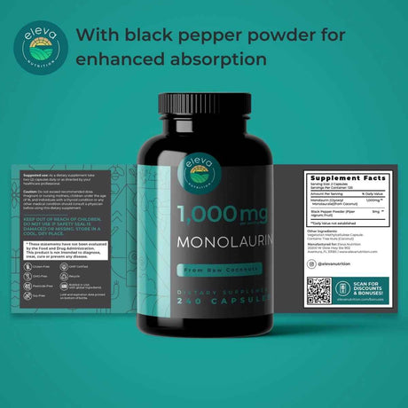 Tabla nutricional del suplemento Eleva Nutrition Monolaurina 1000 mg 240 Cápsulas