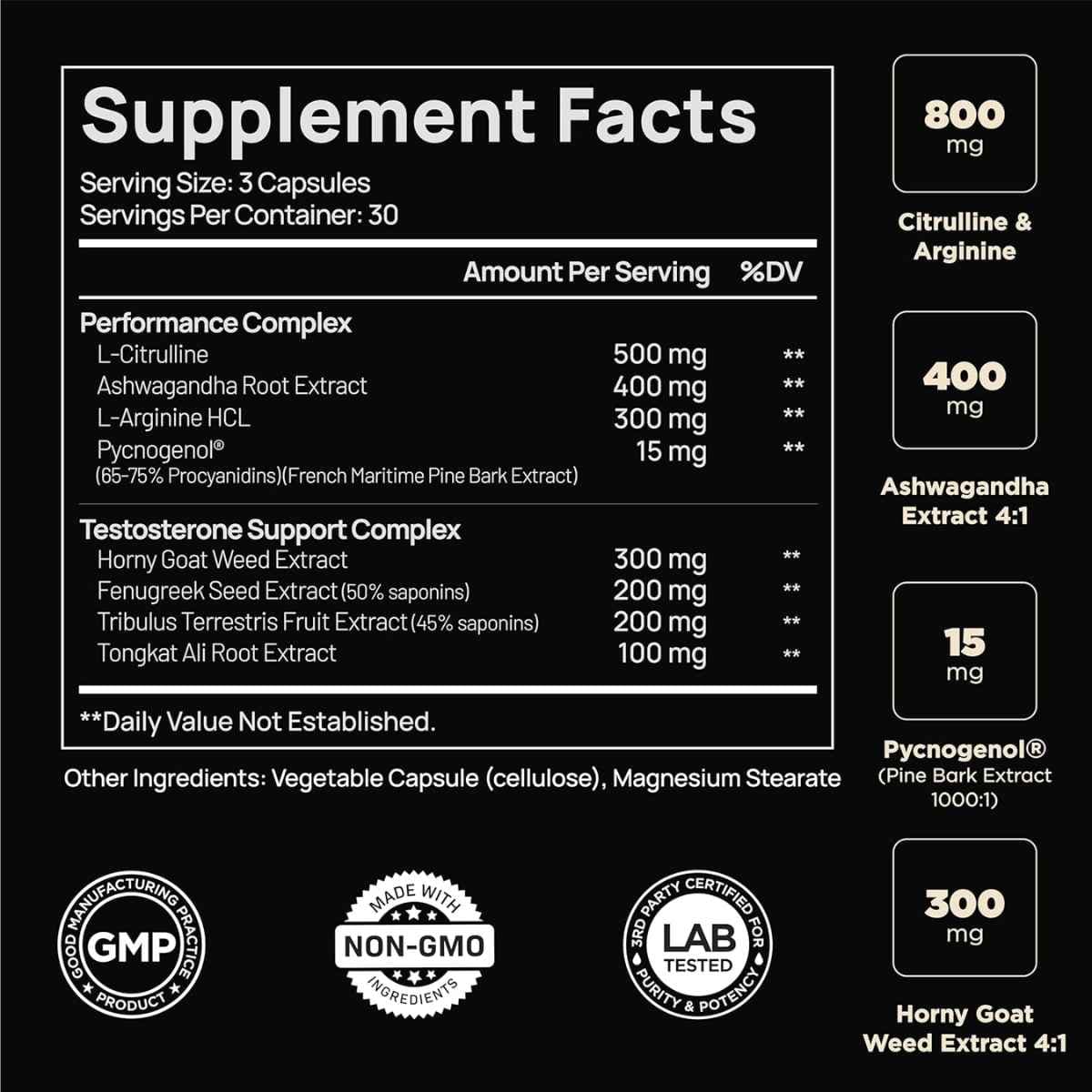 Tabla nutricional del suplemento ELMNT Complejo de Soporte de Testosterona 90 cápsulas
