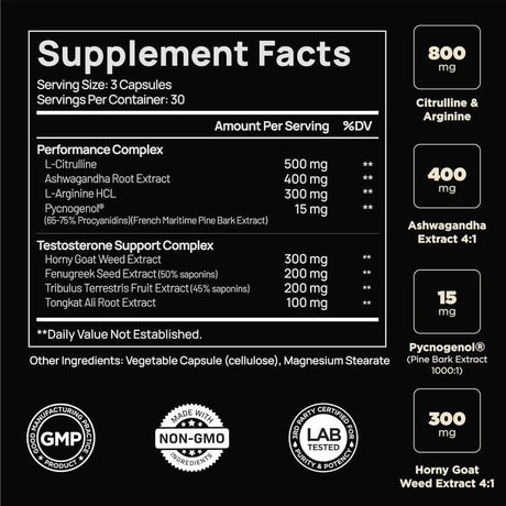 Tabla nutricional del suplemento ELMNT Complejo de Soporte de Testosterona 90 cápsulas