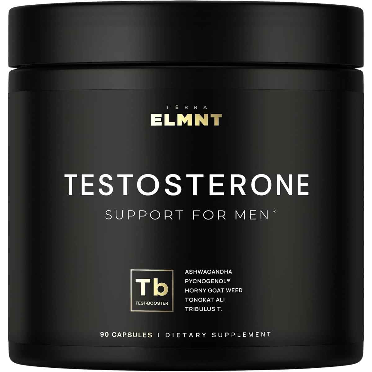 Frasco de suplemento ELMNT Complejo de Soporte de Testosterona 90 cápsulas