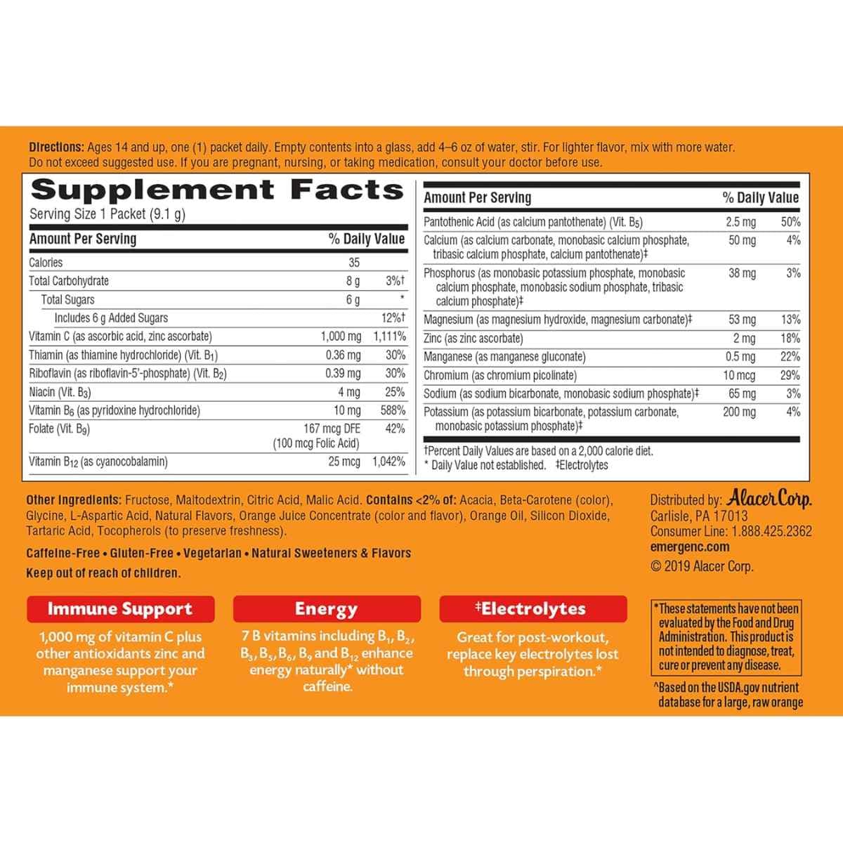 Tabla nutricional del suplemento Emergen-C Vitamina C Super Orange 1000 mg 30 paquetes
