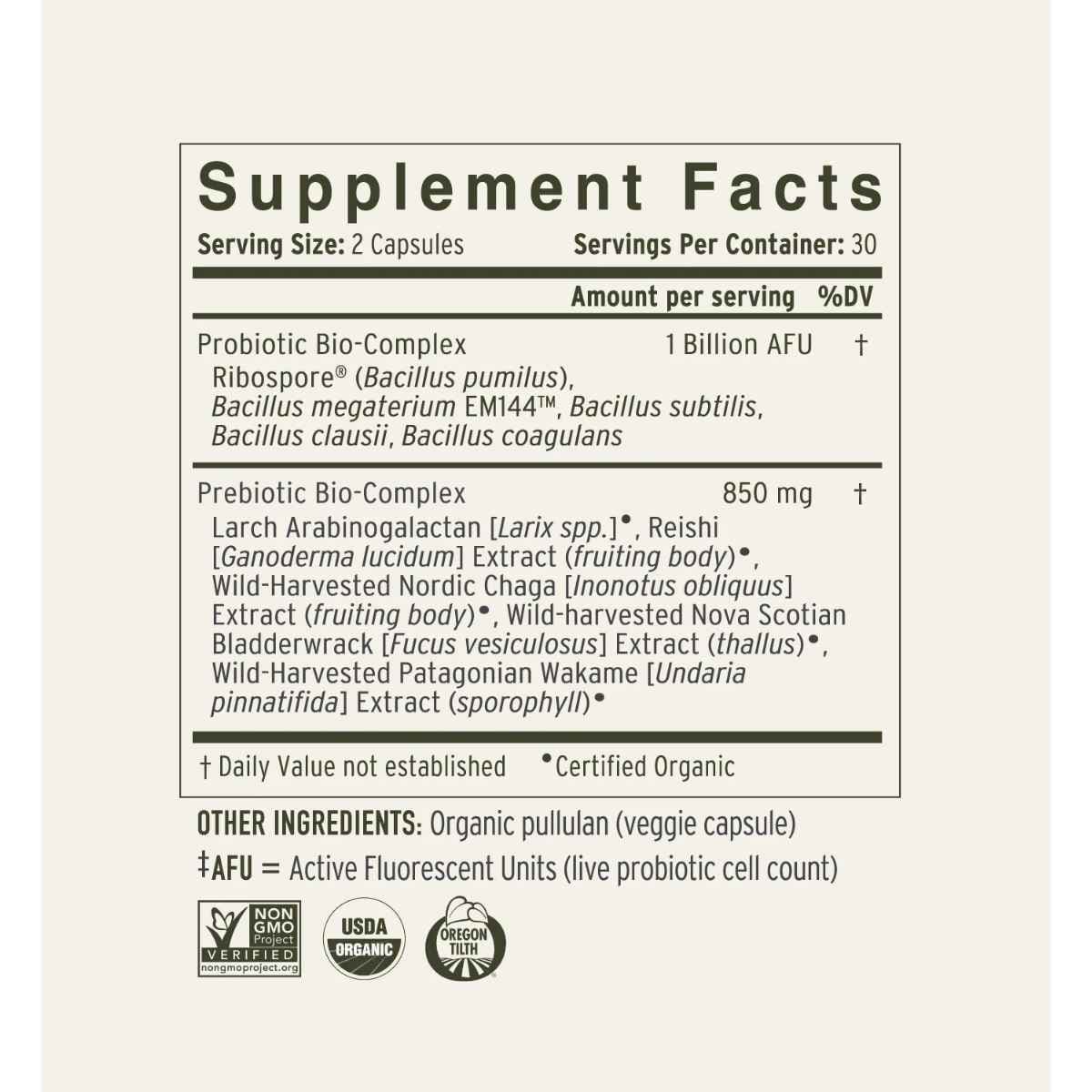 Tabla nutricional del suplemento enviromedica Terraflora Daily Care 60 cápsulas