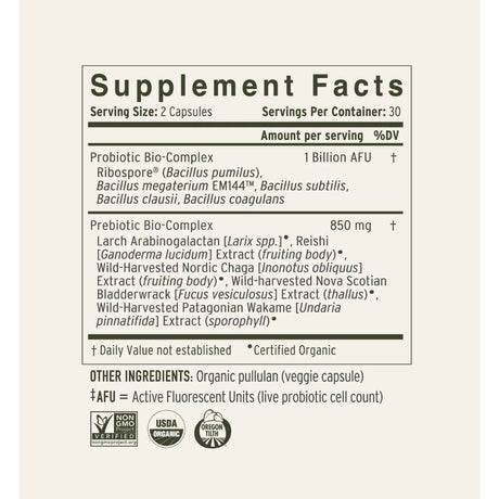 Tabla nutricional del suplemento enviromedica Terraflora Daily Care 60 cápsulas
