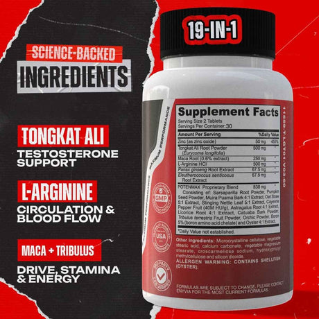Tabla nutricional del suplemento Enyvia Potenmax Fórmula Masculina 60 Tabletas