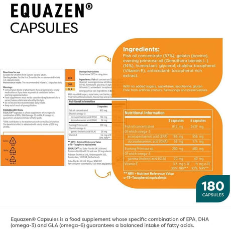 Tabla nutricional del suplemento EQUAZEN Omega-3 y Omega-6 180 cápsulas