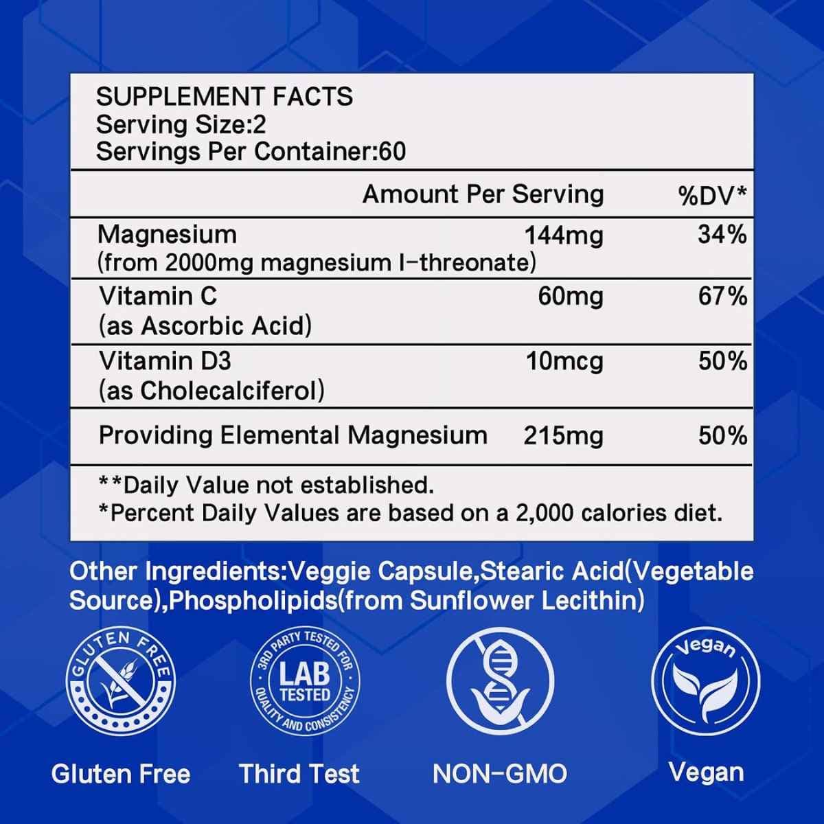 Información del suplemento ERDGXI treonato de magnesio con vitamina C y vitamina D3