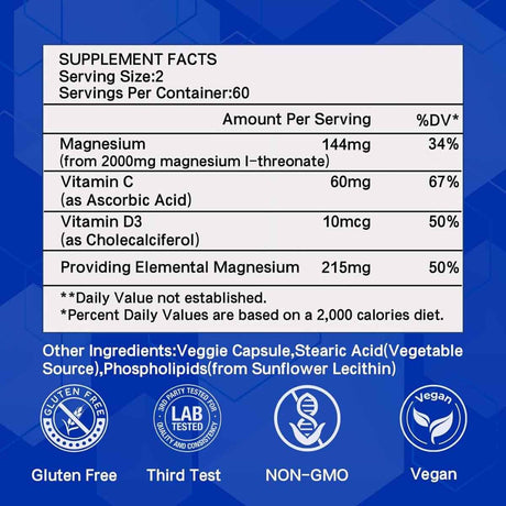 Información del suplemento ERDGXI treonato de magnesio con vitamina C y vitamina D3
