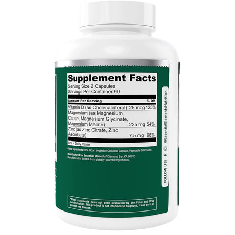 Información del suplemento de Essential Elements magnesio con zinc y vitamina D3