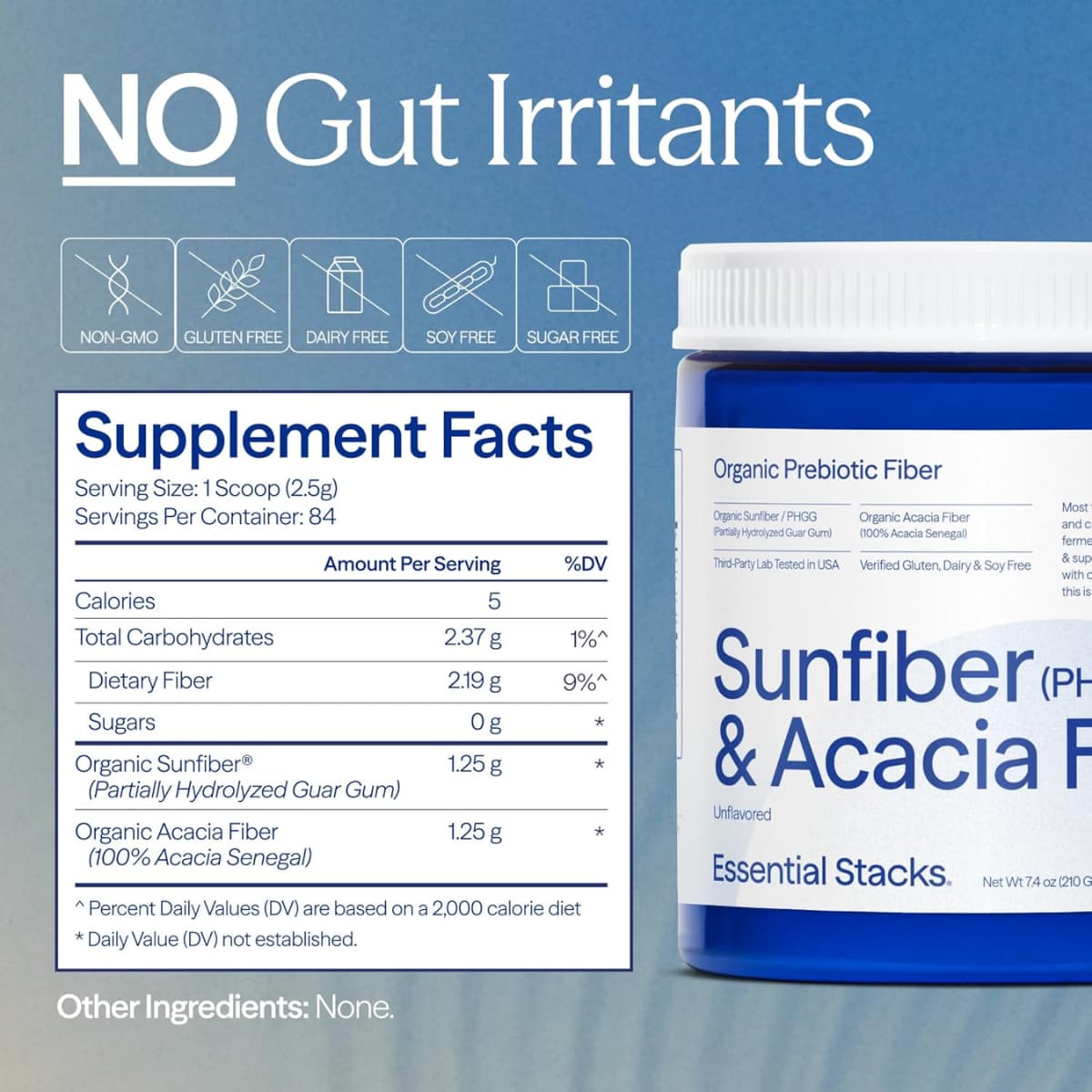 Tabla nutricional del suplemento Essential Stacks Sunfiber y Fibra de Acacia polvo 210g