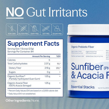 Tabla nutricional del suplemento Essential Stacks Sunfiber y Fibra de Acacia polvo 210g