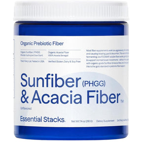 Frasco de suplemento Essential Stacks Sunfiber y Fibra de Acacia polvo 210g