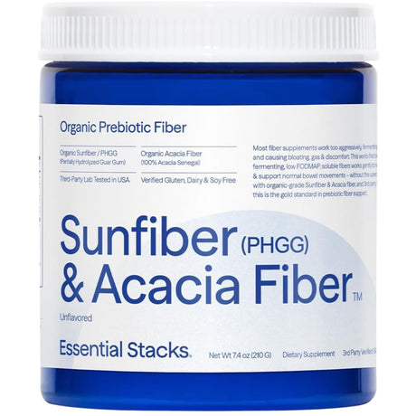 Frasco de suplemento Essential Stacks Sunfiber y Fibra de Acacia polvo 210g