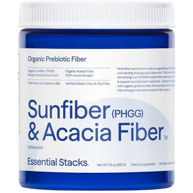 Frasco de suplemento Essential Stacks Sunfiber y Fibra de Acacia polvo 210g