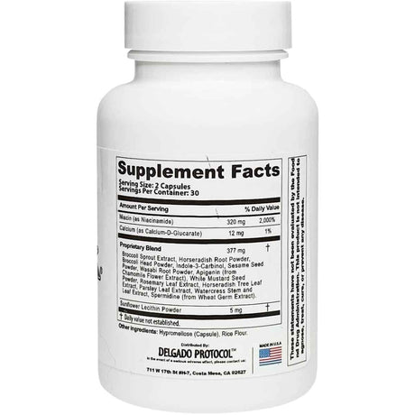 Tabla nutricional del suplemento DELGADO PROTOCOL EstroBlock Niacinamida y Espermidina 60 cápsulas